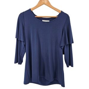 Simonton Says Women's Navy Blouse M Bell Sleeve‎ Ruffle Knit Office